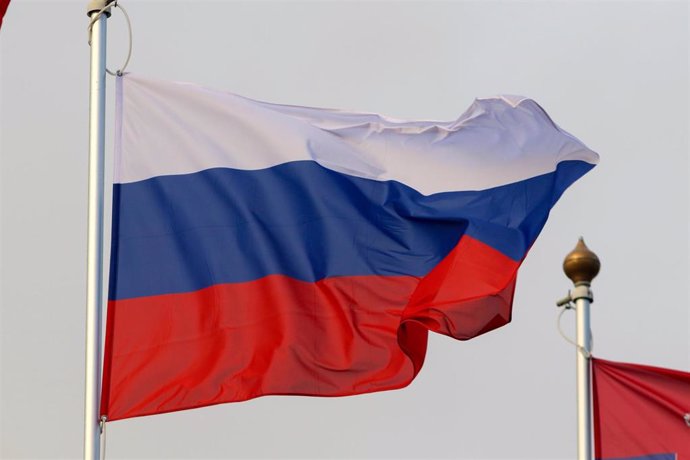 November 2, 2023, Saint Petersburg, Russia: The national flag of the Russian Federation as a participating country at the 12th St. Petersburg International Gas Forum