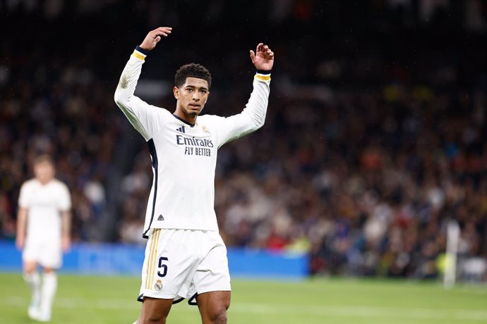 Jude Bellingham of Real Madrid gestures during the spanish league, La Liga EA Sports, football match played between Real Madrid and Rayo Vallecano at Santiago Bernebeu stadium on November 05, 2023, in Madrid, Spain.