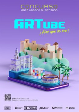 Cartel del 'I Concurso de Arte Urbano Aumentado Aedas Homes' en Málaga.