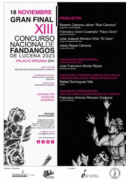 Cartel de la gran gala final del Concurso Nacional de Fandangos de Lucena (Córdoba), que se celebra el 18 de noviembre, en torno al Día Internacional del Flamenco.