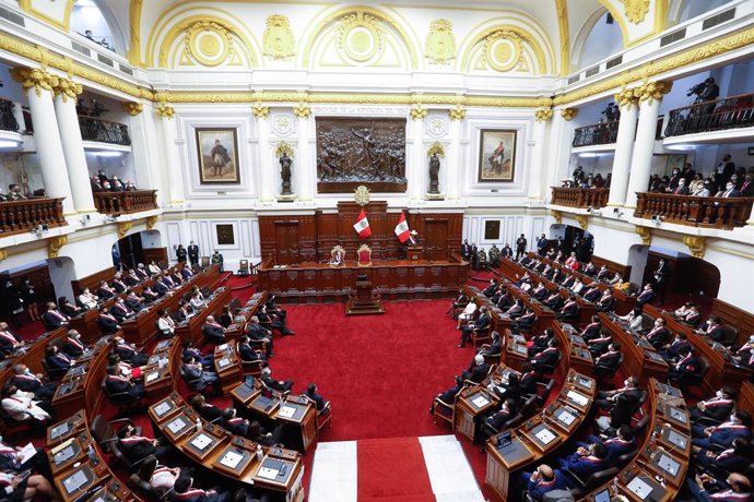 Archivo - HANDOUT - 28 July 2021, Peru, Lima: Peru's President-elect Pedro Castillo (C) speaks in Congress during his inauguration day. Photo: Karel Navarro/Presidencia Peru/dpa - ATTENTION: editorial use only and only if the credit mentioned above is ref