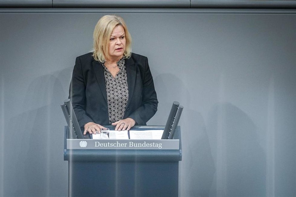 16 November 2023, Berlin: German Minister of the Interior and Home Affairs Nancy Faeser speaks during a session of the German Bundestag. Photo: Kay Nietfeld/dpa