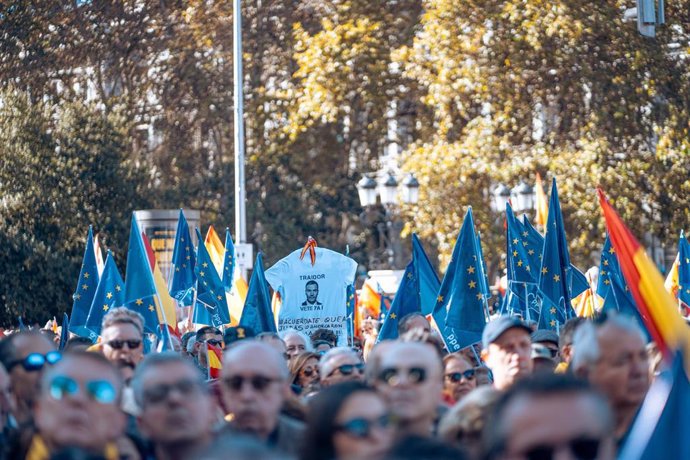 Decenas de personas durante una manifestación contra la amnistía, en Cibeles, a 18 de noviembre de 2023, en Madrid (España). Diferentes asociaciones, entre las que se encuentran Foro España Cívica, Unión 78, Pie en Pared o NEOS, han convocado esta conce