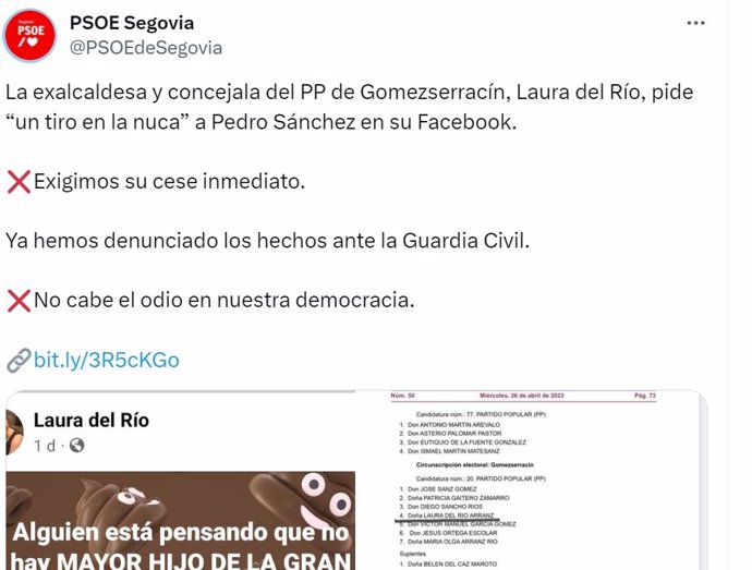 Publicación en 'X' del PSOE de Segovia