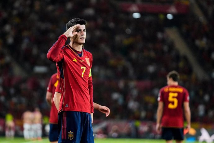 Archivo - Alvaro Morata of Spain celebrates a goal during the UEFA EURO 2024 European qualifier match between Spain and Scotland at La Cartuja stadium on October 12, 2023, in Sevilla, Spain.