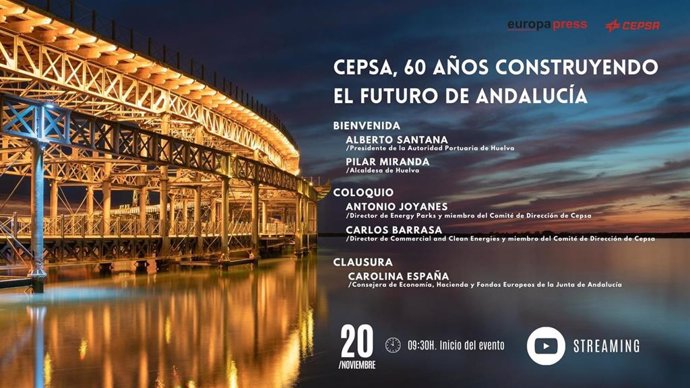 Cartel anunciador del encuentro informativo 'Cepsa, 60 años construyendo el futuro de Andalucía' organizado en colaboración con Europa Press Andalucía el lunes 20 de noviembre en Huelva