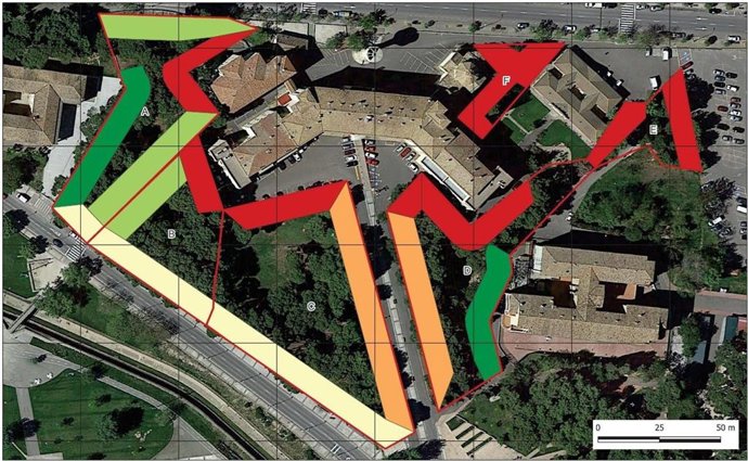 Vista aérea de la zona donde se va a actuar marcada con líneas rojas.
