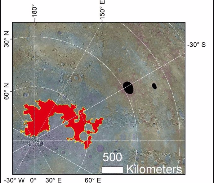 Una vista del terreno caótico del polo norte de Mercurio (Borealis Chaos) y los cráteres Raditladi y Eminescu donde se ha identificado evidencia de posibles glaciares.