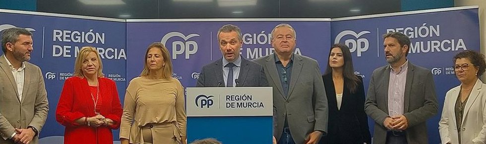 Segado comparece en el atril acompañado por los parlamentarios del PP por la Región en las Cortes Generales