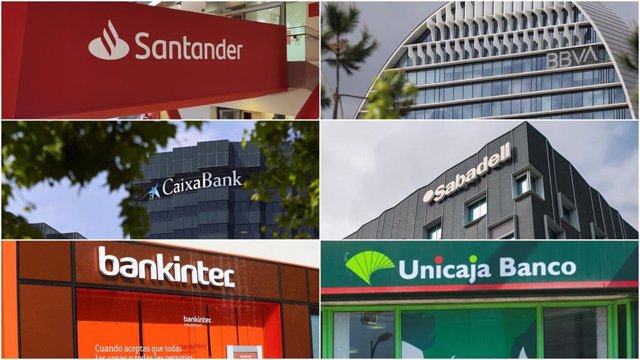 Archivo - Logos de Banco Santander, BBVA, CaixaBank, Banco Sabadell, Bankinter y Unicaja Banco