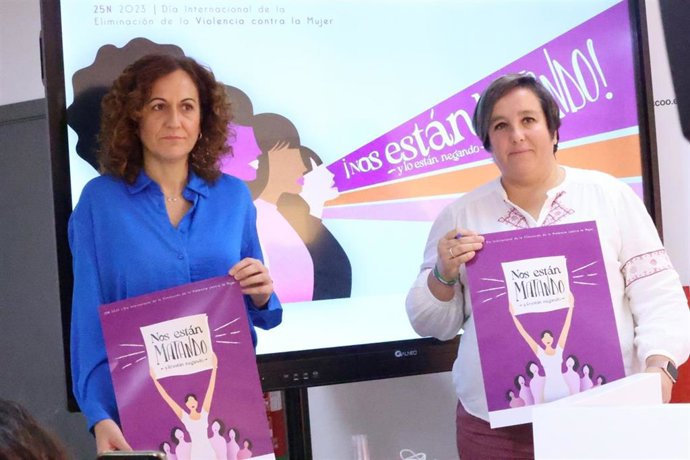 La secretaria general de CCOO de Andalucía, Nuria López, y la secretaria de la Mujer del sindicato, Patricia Laguna, en la presentación del informe sobre la situación sociolaboral de la mujer víctima de violencia de género en Andalucía