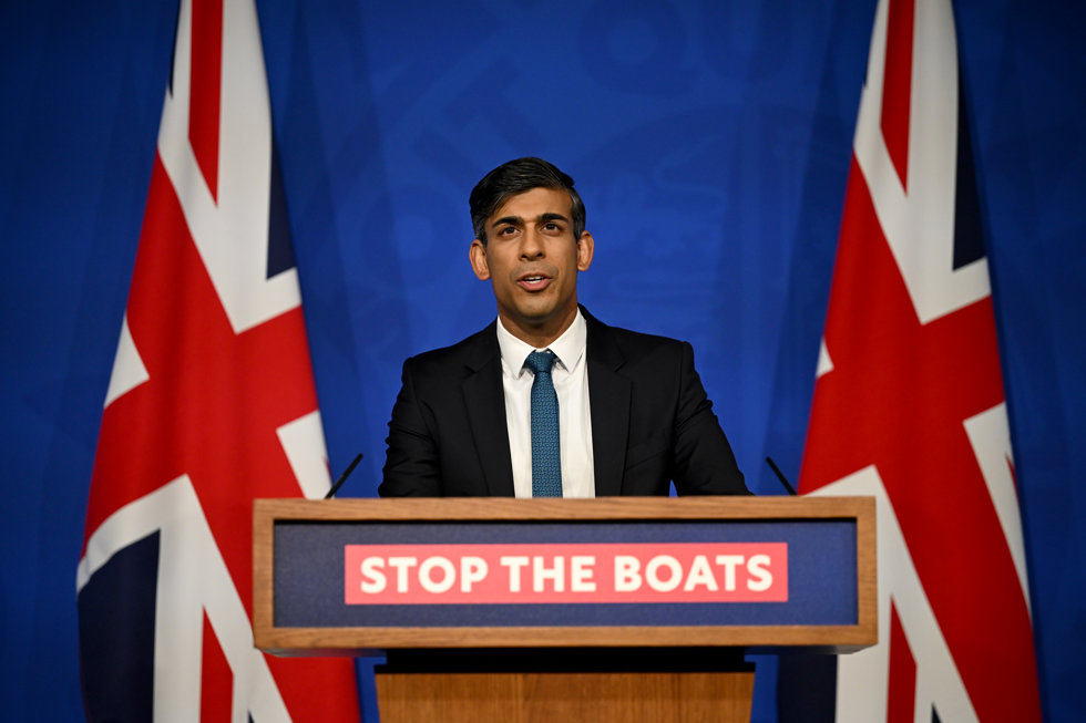 15 November 2023, United Kingdom, London: UK Prime Minister Rishi Sunak speaks during a press conference in Downing Street, in response to the Supreme Court ruling that the Rwanda asylum policy is unlawful. Photo: Leon Neal/PA Wire/dpa