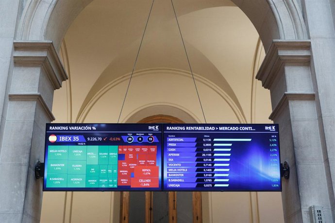 Archivo - Dos paneles del Ibex 35, en el Palacio de la Bolsa, a 7 de julio de 2023, en Madrid (España). El Ibex 35 se desmarca en la media sesión de hoy del resto de índices europeos y registraba una caída del 0,7%, lo que llevaba al selectivo hasta los