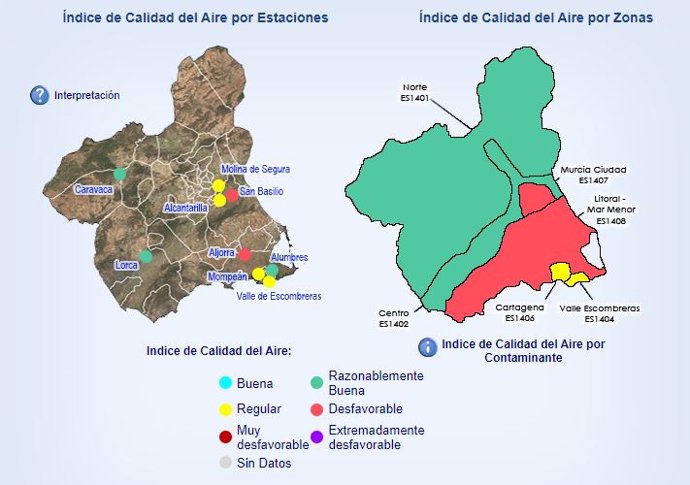 Mapa que muestra la calidad del aire a las 10:30 horas del 21 de noviembre