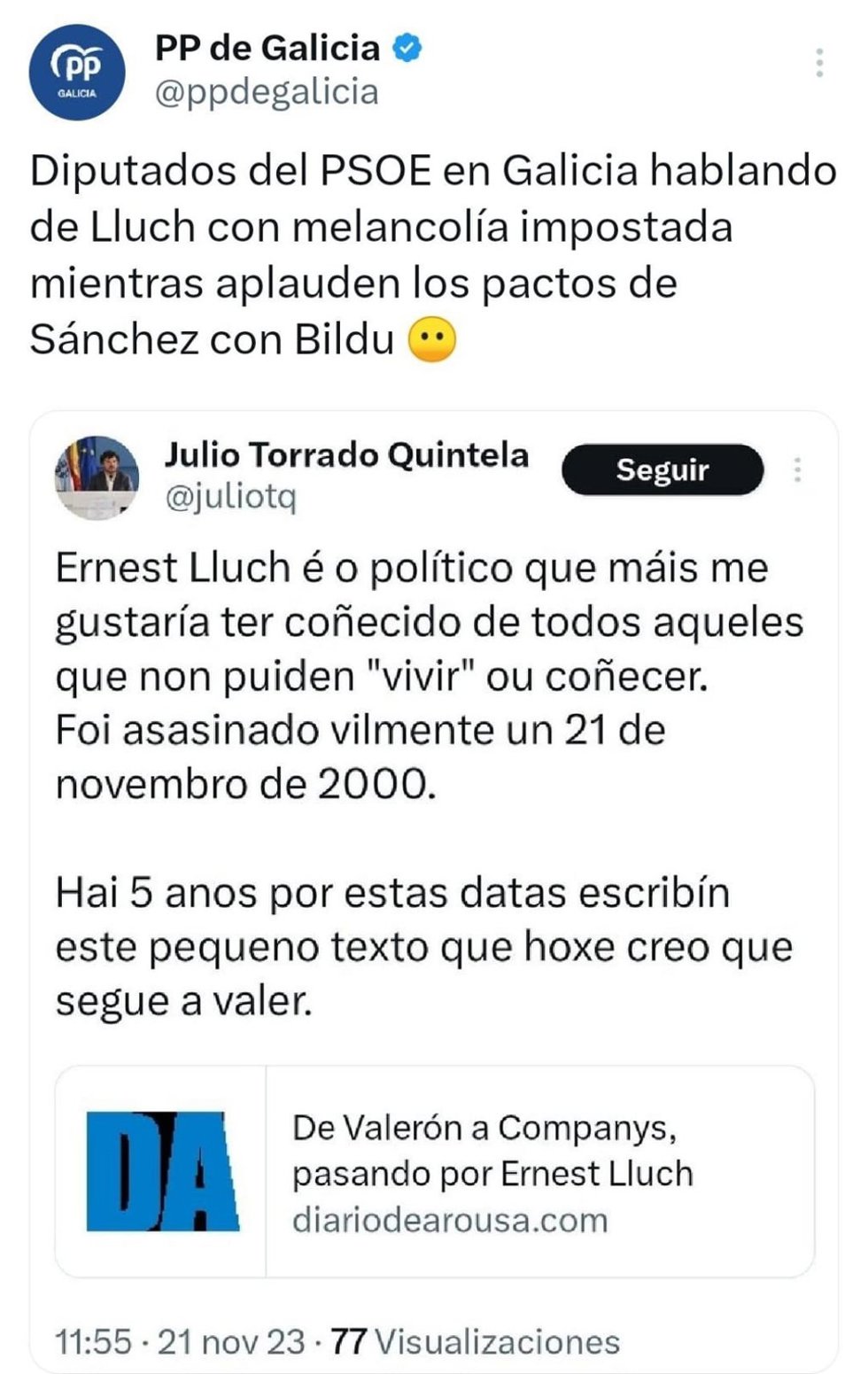 El PSdeG recuerda a Ernest Lluch, asesinado por ETA, y el PPdeG ve "melancolía impostada" por los acuerdos con Bildu