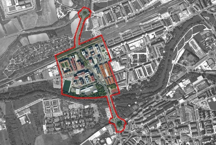 Plano del barrio pamplonés de San Jorge. Los vecinos presentan 88 propuestas para mejorar la rotonda y el barrio en la consulta municipal.
