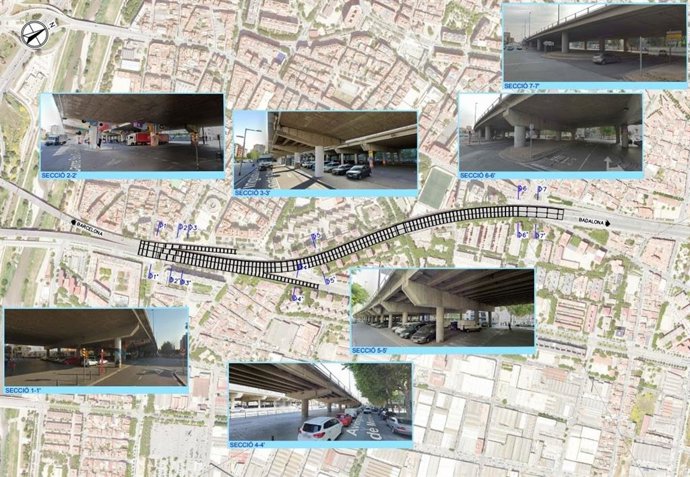 Mapa dels viaductes de la C-31 entre Sant Adri de Bess i Badalona (Barcelona)