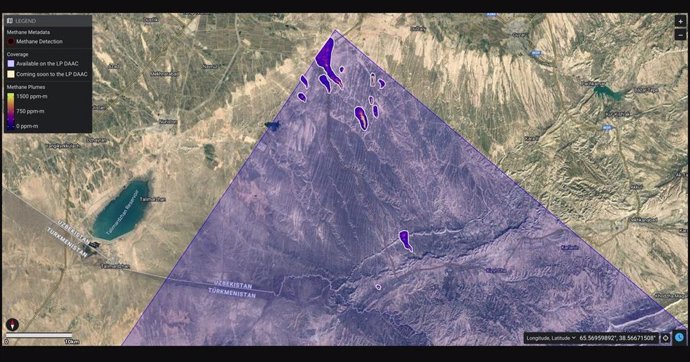 EMIT identificó un grupo de 12 columnas de metano dentro de un área de 400 kilómetros cuadrados (150 millas cuadradas) del sur de Uzbekistán el 1 de septiembre de 2022.
