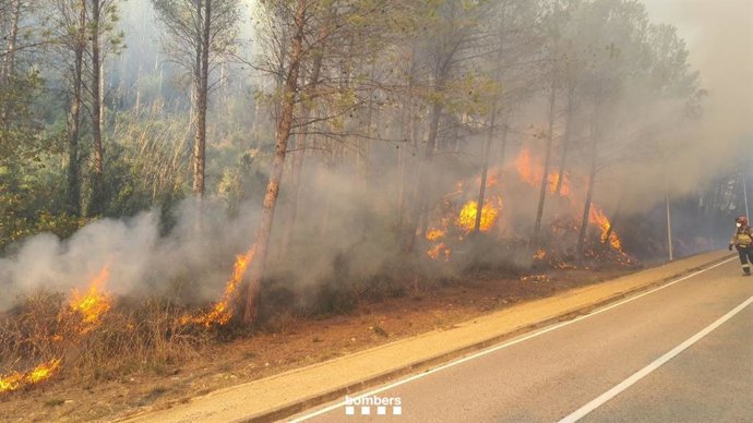 Cortada la GI-7518 por un incendio de vegetación activo en Sant Juli de Ramis (Girona)