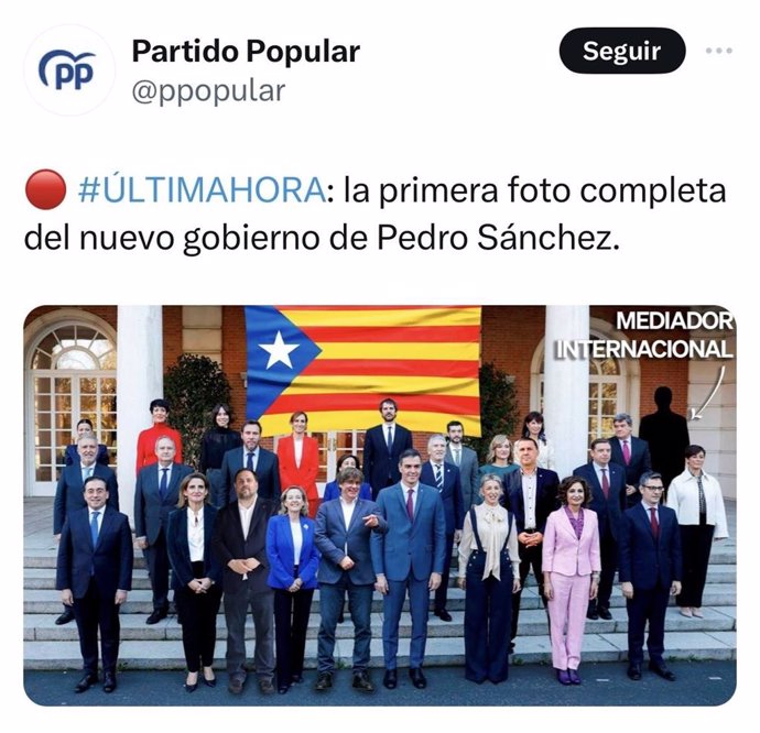 Captura del mensaje publicado por el PP en su cuenta oficial de la red social X pero que ha eliminado pocos minutos después.