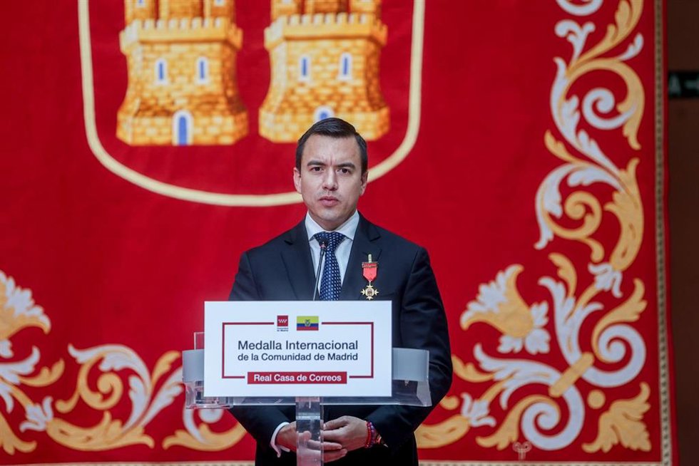 El presidente electo de Ecuador, Daniel Noboa, durante una rueda de prensa en Madrid