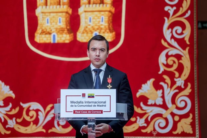 El presidente electo de Ecuador, Daniel Noboa, durante una rueda de prensa en Madrid