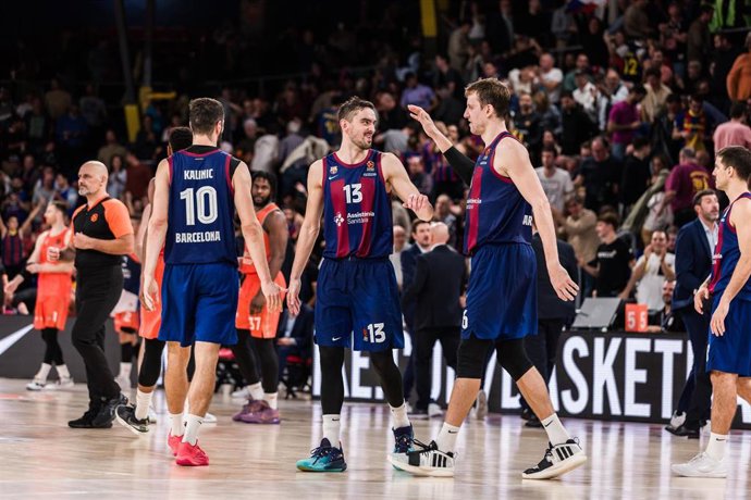Tomas Satoransky  and Jan Vesely of Fc Barcelona celebrates the victory during the Turkish Airlines EuroLeague, match played between FC Barcelona and Valencia Basket  at Palau Blaugrana on November 18, 2023 in Barcelona, Spain.