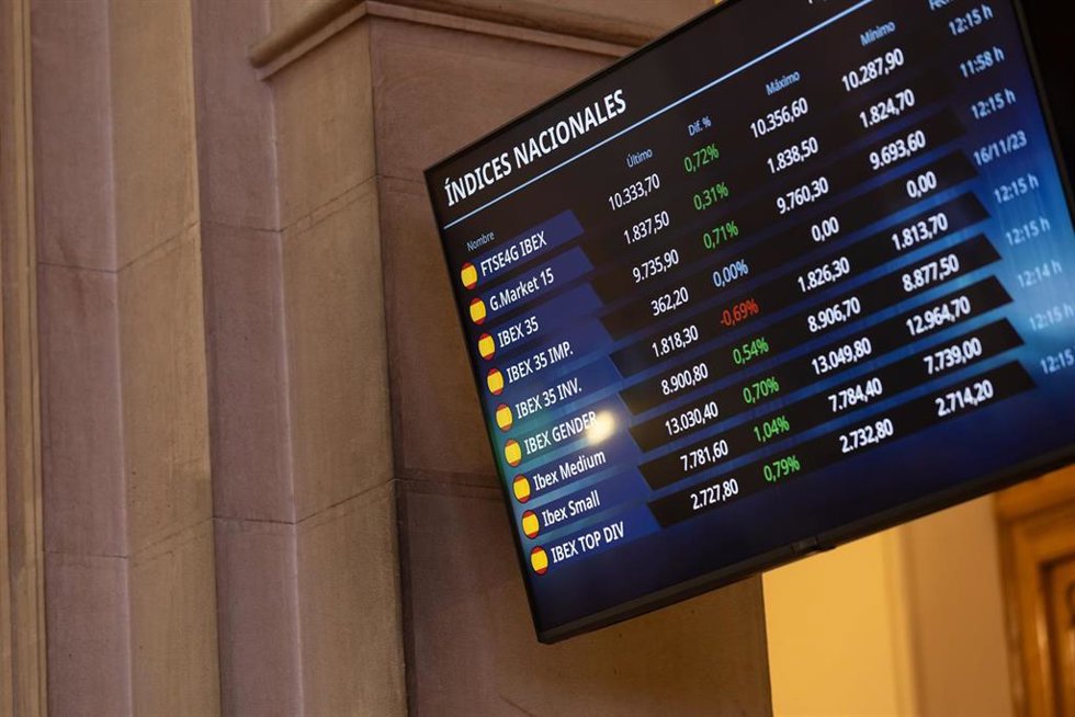 Un panel del Ibex 35 en el Palacio de la Bolsa, a 17 de noviembre de 2023, en Madrid (España). 