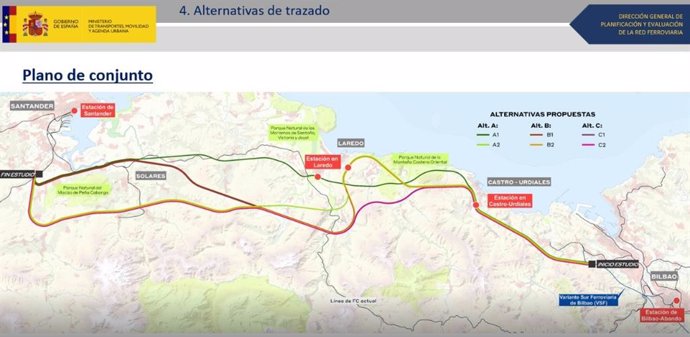 Archivo - Mapa de alternativas de la conexión ferroviaria entre Santander y Bilbao