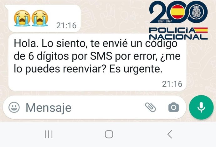 Mensaje facilitado por la Policía Nacional sobre la ciberestafa de secuestro de cuentas de mensajería instantánea