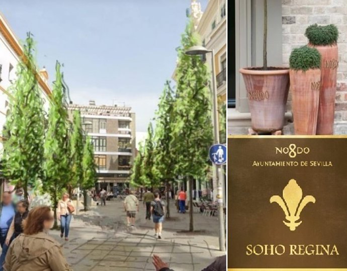 Recreación del primer tramo de la calle Regina, de Sevilla, con árboles.