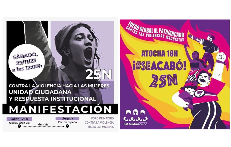 Carteles de las manifestaciones convocadas en Madrid por Foro de Madrid y Comisión 8M este sábado 25 de noviembre, Día Internacional de Eliminación de la Violencia sobre la Mujer