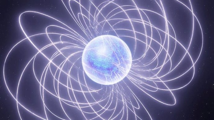 Impresión artística de un magnetar, donde una estrella de neutrones emite luz de radio alimentada por la energía almacenada en un campo magnético ultrafuerte, provocando explosiones que se encuentran entre los eventos más poderosos  del Universo