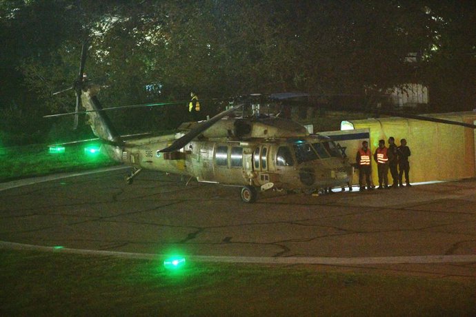 PETAH TIKVA, Nov. 25, 2023  -- A helicopter carrying hostages released from the Gaza Strip arrives at a hospital in Petah Tikva, Israel, Nov. 24, 2023. Israel's Shin Bet internal security agency has received the first group of 13 hostages released from 