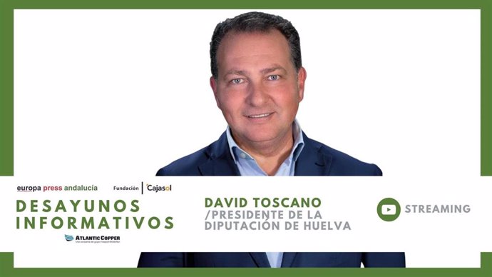 Cartel anunciador del desayuno informativo de Europa Press Andalucía con el presidente de la Diputación de Huelva, David Toscano (PP), el martes 28 de noviembre