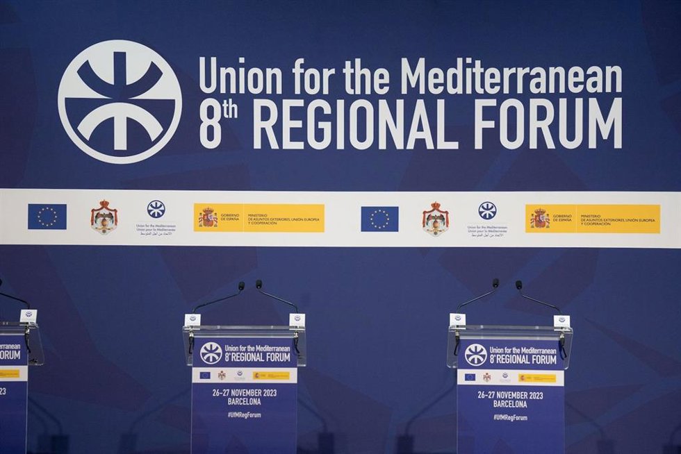 Sala de prensa del VIII Foro de Unión por el Mediterráneo (UpM) en el Recinto Modernista de Sant Pau de Barcelona.