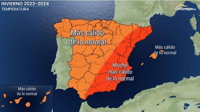 Mapa con la previsión de temperatura para este invierno, que señala el este peninsular como una estación "mucho más cálida de lo normal".