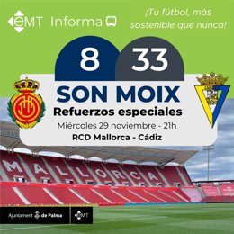 Cartel informativo de refuerzo de las líneas de la EMT por el partido.