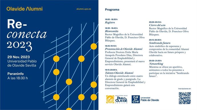 Invitación al evento Re-conecta en la Pablo de Olavide de Sevilla con egresados de la universidad.