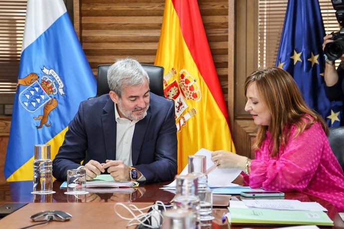 El presidente de Canarias, Fernando Clavijo, con la consejera de Seguridad del Gobierno regional, Nieves Lady Barreto, en una reunión del Consejo de Gobierno