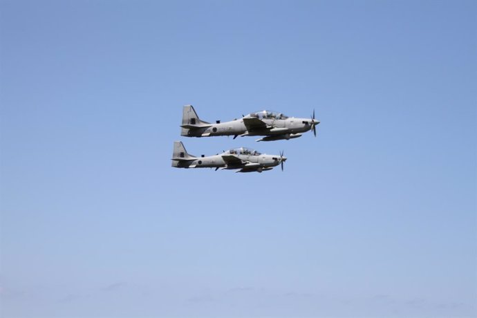 Archivo - HAMAT (LEBANON), April 11, 2019  The A-29 Super Tucano aircraft are seen during the live demonstrations in Hamat, northern Lebanon, April 11, 2019. The Lebanese army conducted live demonstrations for APKWS laser guided rockets in Hamat on Thursd