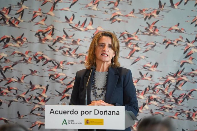 La ministra de Transición Ecológica y Reto Demográfico, Teresa Ribera, durante la rueda de prensa tras la firma del acuerdo del protocolo del Parque Nacional de Doñana. A 27 de noviembre de 2023, en Almonte, Huelva (Andalucía, España).