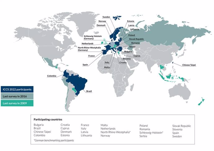 ICCS Participating Countries: ICCS 2022 studied civic and citizenship education in 22 countries and 2 states in a twenty-third country. Overall, about 82,000 lower-secondary school students from about 3,400 schools in those countries participated along 