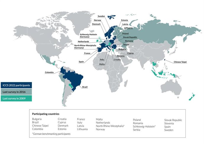 ICCS Participating Countries: ICCS 2022 studied civic and citizenship education in 22 countries and 2 states in a twenty-third country. Overall, about 82,000 lower-secondary school students from about 3,400 schools in those countries participated along 