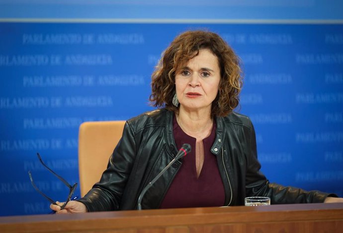 La portavoz adjunta del Grupo Por Andalucía, Esperanza Gómez, este martes en rueda de prensa en el Parlamento de Andalucía.