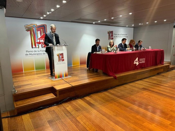 El consejero de Presidencia, Justicia y Administración Local, Miguel Ángel García, interviene en el Pleno de la FMM