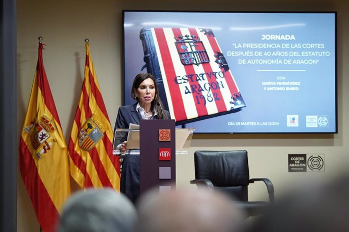 La presidenta de las Cortes de Aragón, Marta Fernández, inaugura la jornada 'La Presidencia de las Cortes después de 40 años del Estatuto de Autonomía de Aragón'.