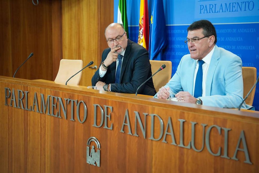 El portavoz adjunto del Grupo Vox en el Parlamento andaluz, Ricardo López Olea (i.) y Rafael Segovia (d.), este martes