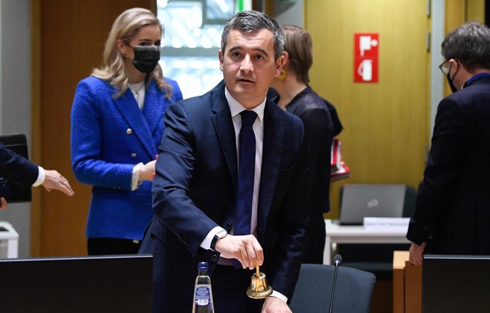 Archivo - HANDOUT - 03 March 2022, Belgium, Brussels: French Interior Minister Gerald Darmanin starts the extraordinary meeting of EU Justice and Home Affairs Ministers on the Russian invasion of Ukraine. Photo: -/EU Council/dpa - ATTENTION: editorial u