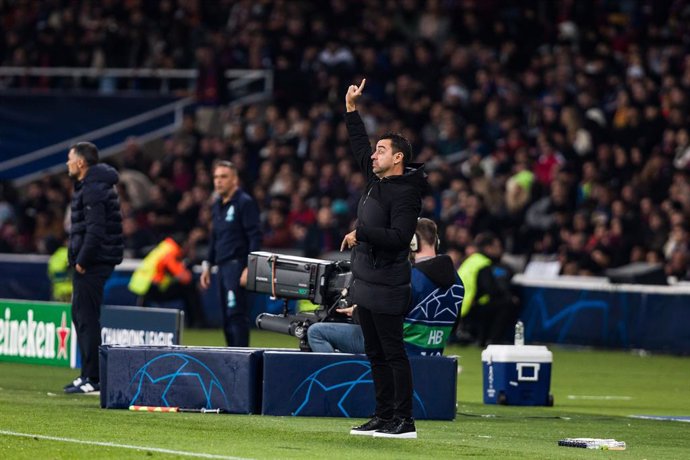 Xavi Hernandez, head coach of FC Barcelona, gestures during the UEFA Champions League Group H, match played between FC Barcelona and FC Porto at Olimpic de Montjuic stadium on November 28, 2023 in Barcelona, Spain.